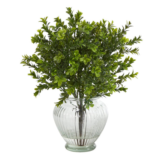 14” Boxwood Artificial Plant in Glass Planter (Indoor/Outdoor)