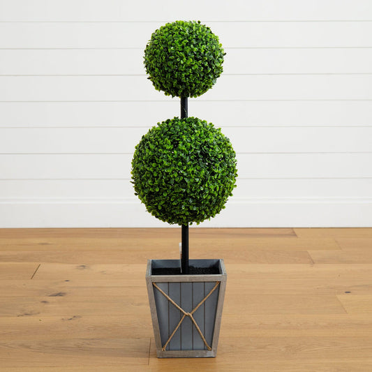 18” UV Resistant Artificial Boxwood Ball Topiary with LED Lights in Decorative Planter (Indoor/Outdoor)